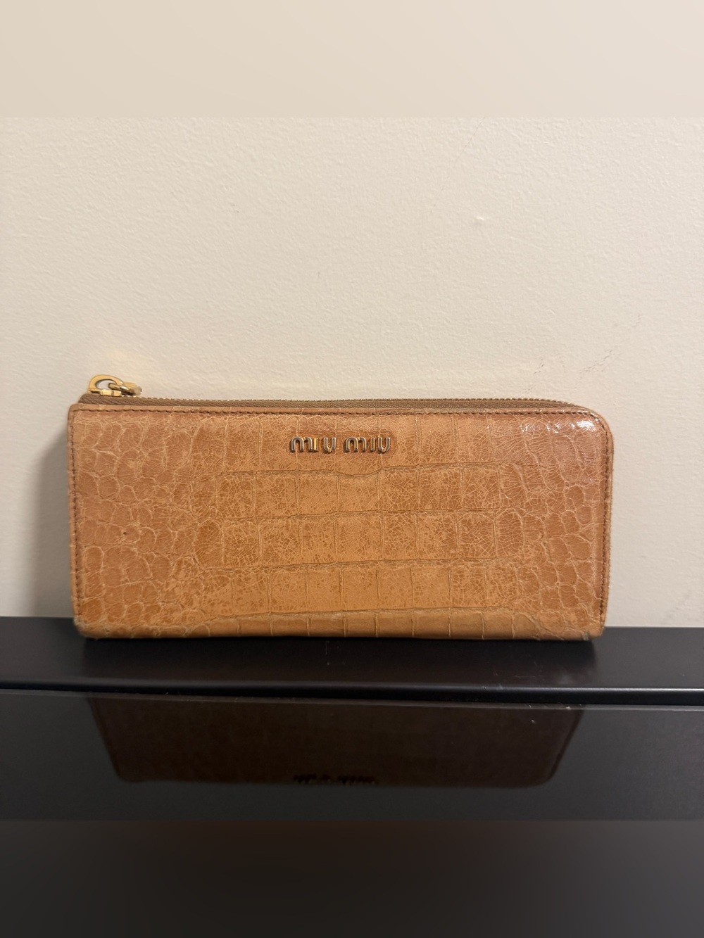 Miu Miu Brown Crocodile Embossed Zip Long Wallet